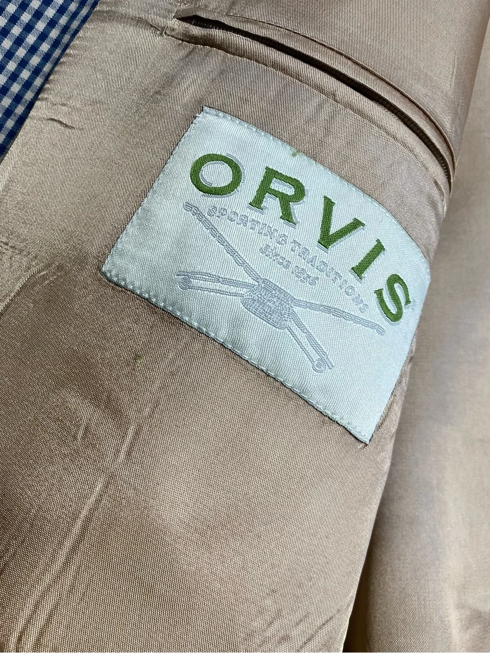 Orvis Navy Beige Gingham Check 3 Button Sport Coat Blazer Cotton Preppy Size 46R